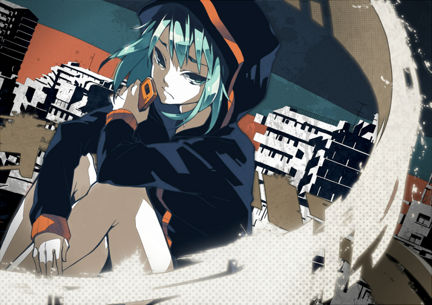 1girl aqua_eyes aqua_hair bad_id bad_pixiv_id booota building buuta cellphone cityscape dutch_angle female_focus gumi hood hoodie phone sad short_hair sitting solo vocaloid