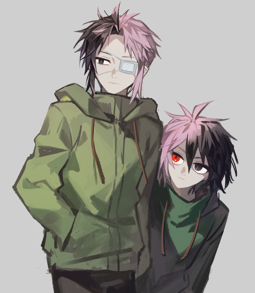 2boys black_eyes black_hair black_pants closed_mouth drawstring eyepatch green_jacket grey_background hair_between_eyes hands_in_pockets height_difference heterochromia high_collar highres hood hood_down hooded_jacket hsh7955 jacket long_sleeves male_focus medical_eyepatch multicolored_hair multiple_boys mutsushika_misumi nanami_izu pants parted_bangs pink_hair red_eyes saibou_shinkyoku short_hair simple_background split-color_hair two-tone_hair