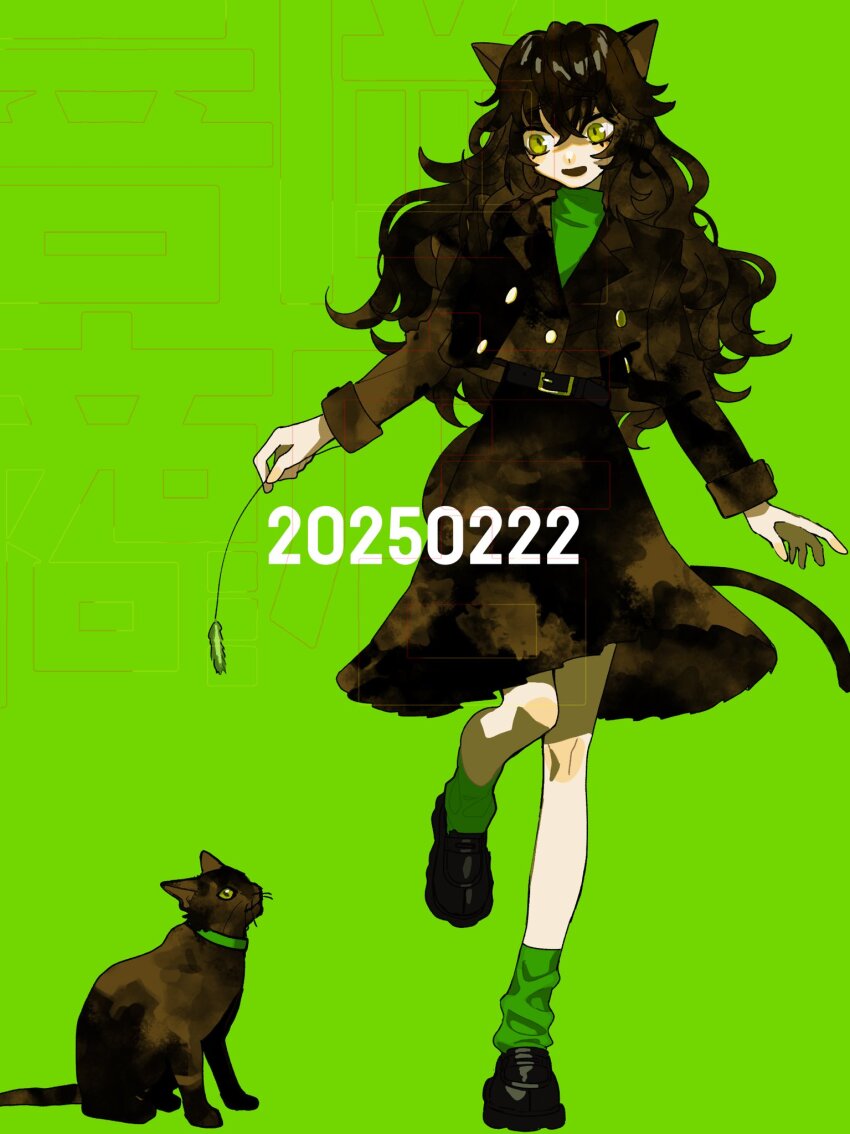 1girl 2025 :d animal animal_ears belt black_belt black_cat black_hair black_jacket black_shoes black_skirt black_tail cat cat_day cat_ears cat_girl cat_tail cat_teaser crossed_bangs dated eyelashes green_background green_eyes green_shirt green_socks hair_between_eyes highres holding_cat_teaser jacket leg_up long_hair long_sleeves loose_socks medium_skirt open_mouth original shirt shoes simple_background skirt smile socks standing standing_on_one_leg tail wavy_hair yoshioka_suke