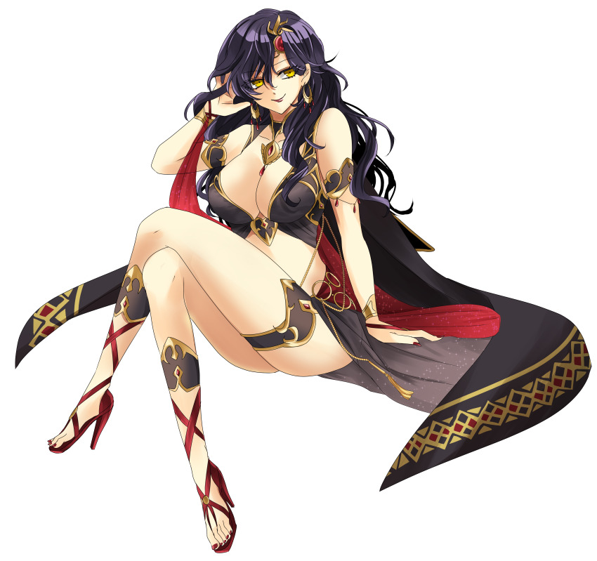 1girl absurdres alternate_costume arizigoku0627 bare_legs bare_shoulders black_dress black_hair bracelet breasts cape cleavage collarbone commission cosplay crossed_legs dancer dress earrings fingernails fire_emblem fire_emblem:_the_blazing_blade fire_emblem_heroes full_body gladiator_sandals gold_trim hair_lift hair_ornament high_heels highres jewelry large_breasts lipstick long_hair looking_at_viewer makeup mature_female medallion nintendo pixiv_commission plunging_neckline red_nails sandals sitting sleeveless smile solo sonia_(fire_emblem:_the_blazing_blade) thighs toeless_footwear ursula_(fire_emblem) ursula_(fire_emblem)_(cosplay) ursula_(khadein)_(fire_emblem) ursula_(khadein)_(fire_emblem)_(cosplay) white_background yellow_eyes