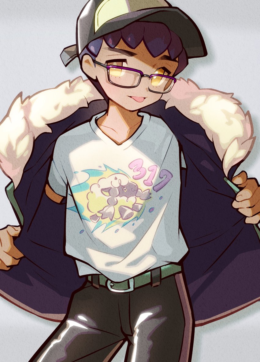 1boy absurdres alternate_costume baseball_cap belt bespectacled commentary_request creatures_(company) dark-skinned_male dark_skin fur-trimmed_jacket fur_trim game_freak gen_8_pokemon glasses hat highres hop_(pokemon) jacket looking_at_viewer male_focus moti_(m0cch1m0) nintendo open_clothes open_jacket pants pokemon pokemon_swsh shirt short_hair short_sleeves solo t-shirt tongue tongue_out wooloo yellow_eyes