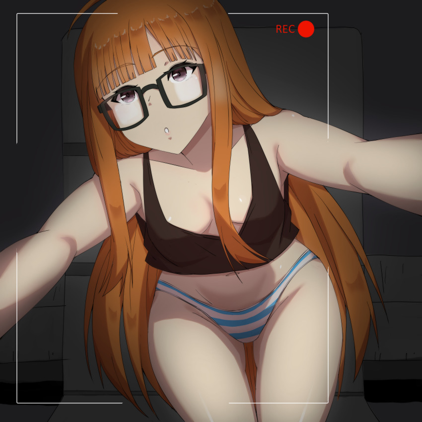 1girl absurdres ahoge black_tank_top blunt_bangs breasts brown_hair commentary crop_top english_commentary glasses groin highres long_hair lucky_zero navel orange_hair outstretched_arms paid_reward_available panties parted_lips persona persona_5 purple_eyes recording sakura_futaba selfie small_breasts solo striped_clothes striped_panties tank_top thighs underwear very_long_hair viewfinder