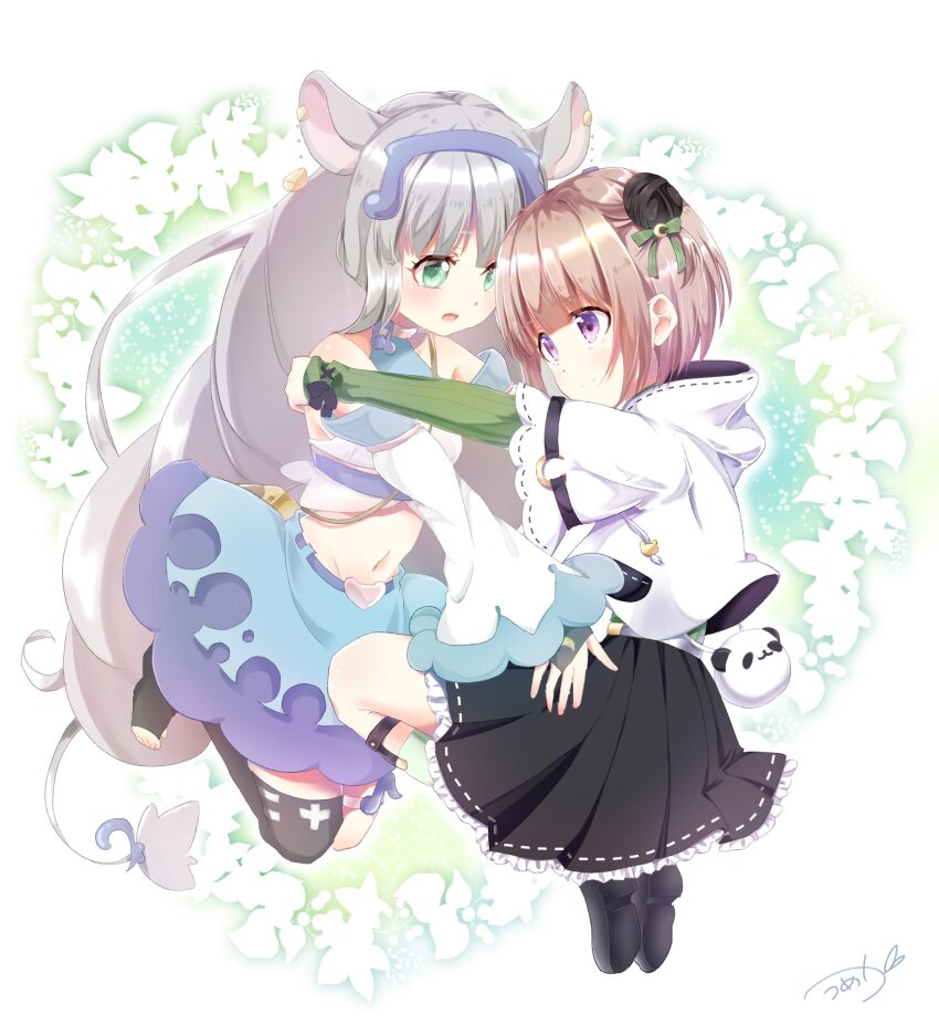 2girls animal_ears black_footwear black_skirt blonde_hair character_request closed_mouth ear_piercing green_eyes green_sleeves grey_hair hair_ornament harvest_moon_(vtuber) highres kanade long_hair long_sleeves mearian multiple_girls navel open_mouth piercing purple_eyes short_hair skirt tagme tsukinowa_noa