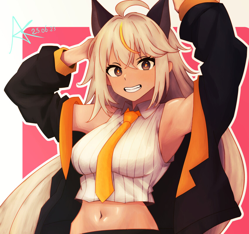 1girl absurdres akeno0329 armpits arms_up blonde_hair color_streak fangs highres jacket long_hair looking_at_viewer navel off_shoulder omega_strikers shiny_skin shirt simple_background sleeveless sleeveless_shirt smile solo sonii_(odyssey_interactive) virtual_youtuber white_hair