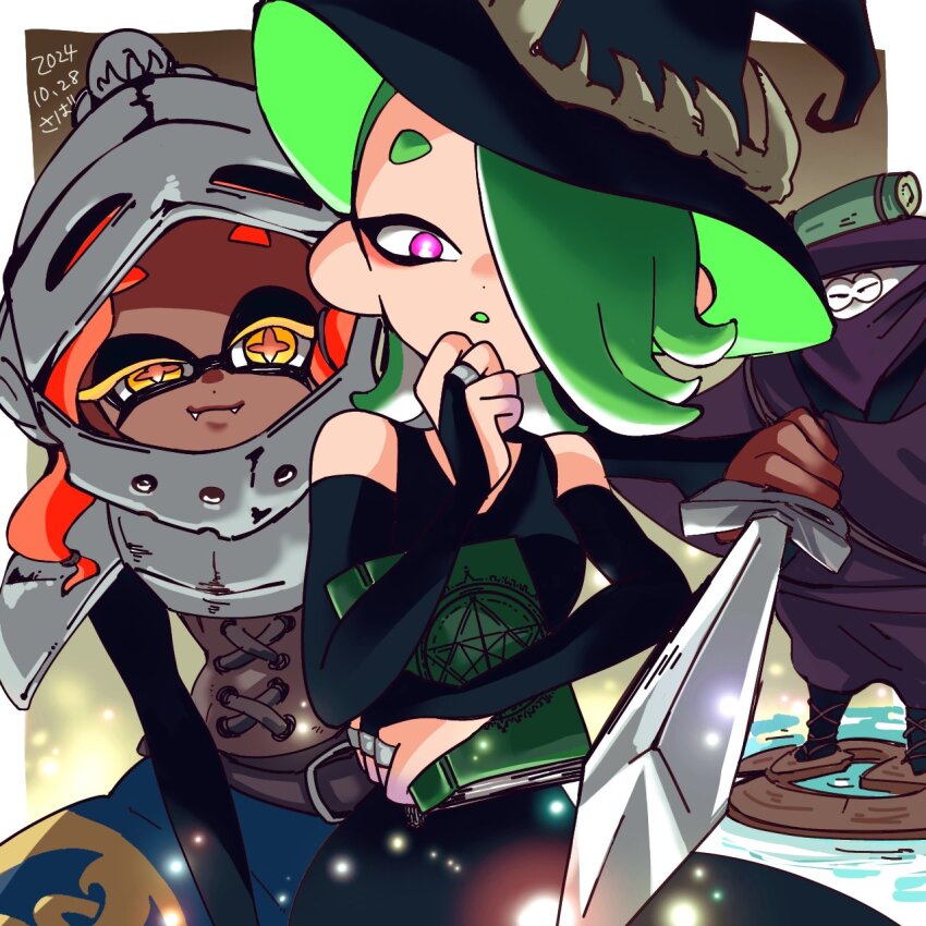 1boy 2024 20s 2girls armor big_man_(splatoon) book bridal_gauntlets brown_background dark-skinned_female dark_skin dated dress facing_viewer fangs frye_(splatoon) green_hair hair_over_one_eye halloween halloween_costume hat helmet highres holding holding_book holding_sword holding_weapon inkling jewelry magic manta_ray multiple_girls ninja nintendo october octoling official_alternate_costume open_mouth orange_hair pink_eyes ring saba_0120 shiver_(splatoon) sitting smile sparkle splatoon_(series) splatoon_3 sword tentacle_hair weapon witch_hat