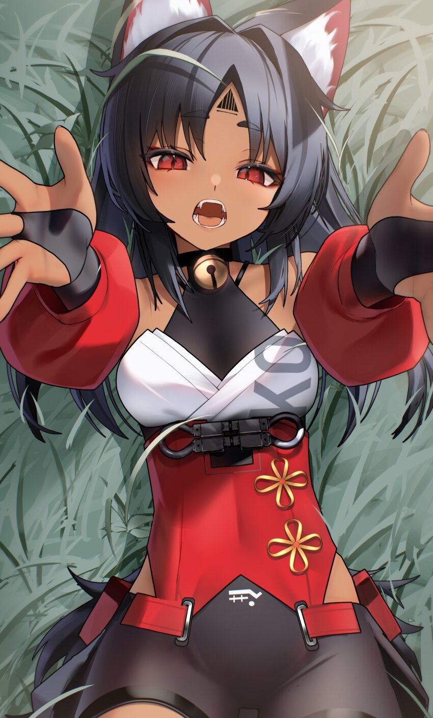 1girl absurdres animal_ear_fluff animal_ears bell black_hair black_shorts breasts bridal_gauntlets cat_ears cat_girl corset cowboy_shot dark_skin facial_mark forehead_mark forehead_tattoo highres long_hair lying neck_bell nekomiya_mana on_back on_grass open_mouth reaching reaching_towards_viewer red_corset red_eyes red_sleeves shorts small_breasts solo thomas_8000 triangle triangle_facial_mark zenless_zone_zero