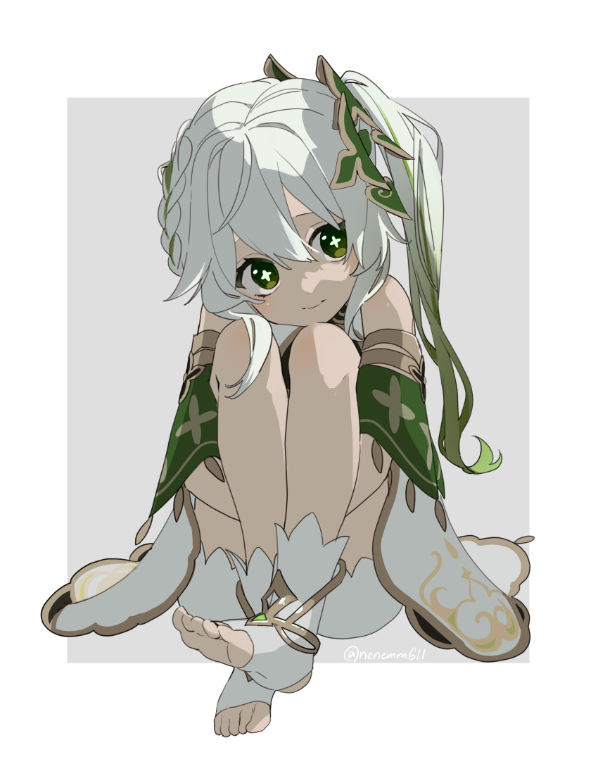 +_+ 1girl absurdres border commentary_request dress genshin_impact gradient_hair green_eyes green_hair green_shawl grey_background grey_hair highres hugging_own_legs knees_up looking_to_the_side multicolored_hair nahida_(genshin_impact) nenemm side_ponytail simple_background smile socks solo stirrup_legwear toeless_legwear twitter_username white_background white_dress white_socks