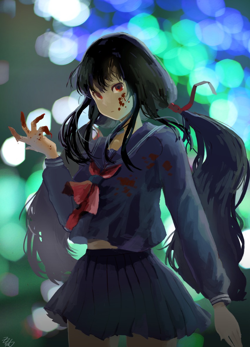 10s 1girl black_hair blood blood-c blood_on_clothes blood_on_hands blurry cowboy_shot depth_of_field female_focus hair_ribbon highres kisaragi_saya long_hair looking_at_viewer neckerchief pleated_skirt red_eyes ribbon sailor_collar school_uniform skirt solo twintails zzing