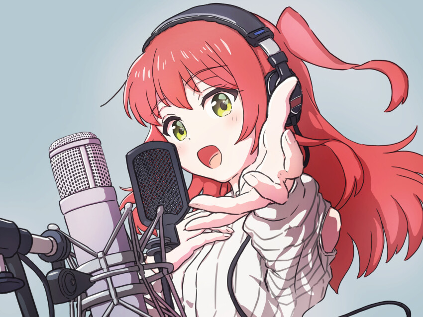 1girl blue_background blush bocchi_the_rock! clothing_cutout commentary_request green_eyes hasegawa_ikumi headphones highres kita_ikuyo long_hair looking_at_viewer m0c0pi microphone one_side_up open_mouth pop_filter reaching reaching_towards_viewer red_hair shirt shoulder_cutout sidelocks simple_background solo the_first_take upper_body white_shirt