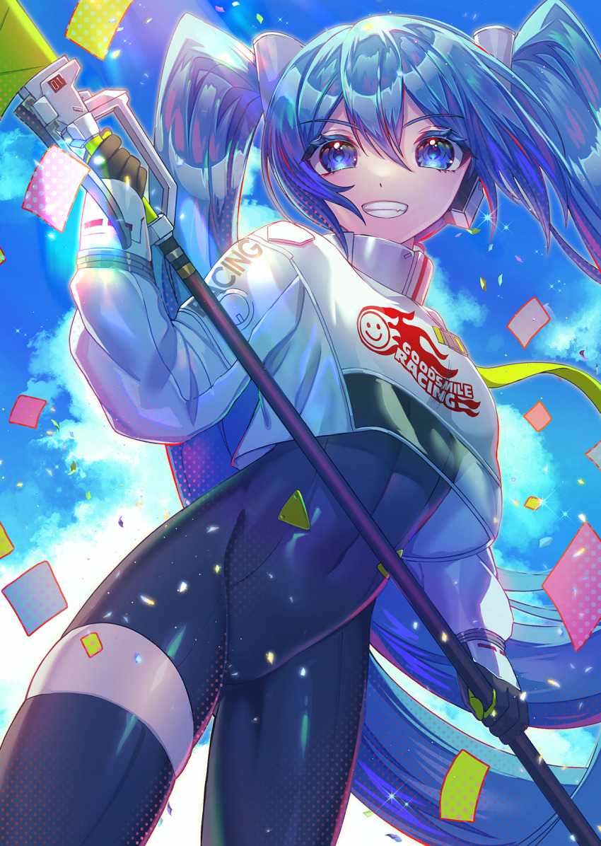 1girl aqua_hair asymmetrical_bodysuit black_bodysuit black_gloves black_thighhighs blue_eyes blue_sky bodysuit clothes_writing cloud confetti covered_navel cropped_jacket dot_nose fang gloves green_gloves grin hatsune_miku highres holding jacket kozou_kazaru long_sleeves race_queen racing_miku racing_miku_(2022) single_thighhigh sky smile solo teeth thighhighs two-tone_gloves vocaloid white_jacket