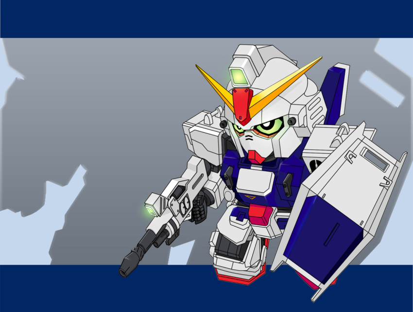 blue_destiny_03 chibi green_eyes gun gundam gundam_side_story:_the_blue_destiny mecha robot shield weapon