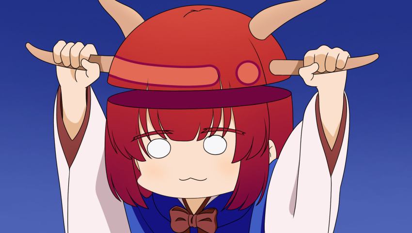 1girl :3 bow highres holding_own_horn horns japanese_clothes long_sleeves multiple_horns red_bow red_hair ribbon shikanoko_nokonoko_koshitantan shingyoku_(female) shingyoku_(touhou) short_hair siji_xunchuan simple_background solid_circle_eyes touhou touhou_(pc-98) wide_sleeves