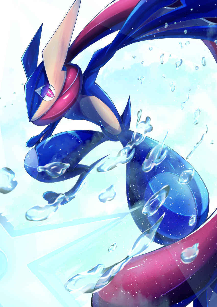 absurdres blue_skin bright_pupils colored_skin creatures_(company) frog game_freak gen_6_pokemon greninja half-closed_eyes highres legs looking_at_viewer ninja nintendo pink_eyes pokemon pokemon_(creature) ririri_(user_rkrv7838) shuriken simple_background solo standing tongue water weapon white_background white_pupils