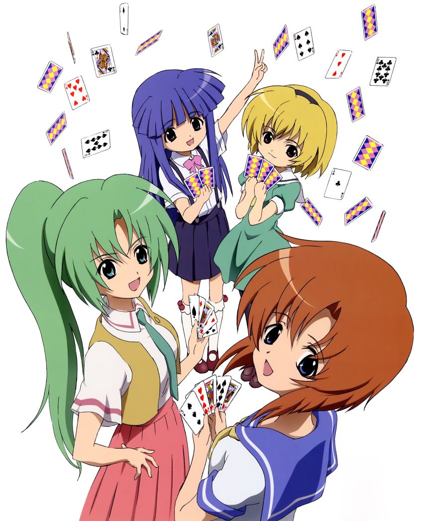 4girls :d absurdres black_eyes blonde_hair blouse blue_eyes blue_hair brown_eyes brown_hair card child dress floating_card female_focus full_body furude_rika green_eyes green_hair grey_eyes hairband hand_on_own_hip happy heart highres higurashi_no_naku_koro_ni holding holding_card houjou_satoko long_hair looking_at_viewer multiple_girls necktie official_art open_mouth orange_hair pantyhose ponytail ribbon ryuuguu_rena sakai_kyuuta scan school_uniform serafuku shirt shoes short_hair simple_background skirt smile socks sonozaki_mion standing suspenders v very_long_hair vest