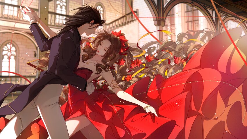 1boy 1girl absurdres aerith_gainsborough aerith_gainsborough_(red_dress) black_hair blurry blurry_background bow bowtie breasts brown_hair cleavage closed_eyes commentary couple cowboy_shot dancing dress english_commentary final_fantasy final_fantasy_vii final_fantasy_vii_remake flower gloves hair_flower hair_ornament hair_slicked_back hands_on_another&#039;s_waist height_difference high_ponytail highres indoors jacket jewelry long_dress long_hair looking_at_another mianmian741 necklace official_alternate_costume pants parted_bangs parted_lips profile purple_shirt red_dress red_lips shirt sidelocks spiked_hair strapless strapless_dress white_gloves white_pants zack_fair