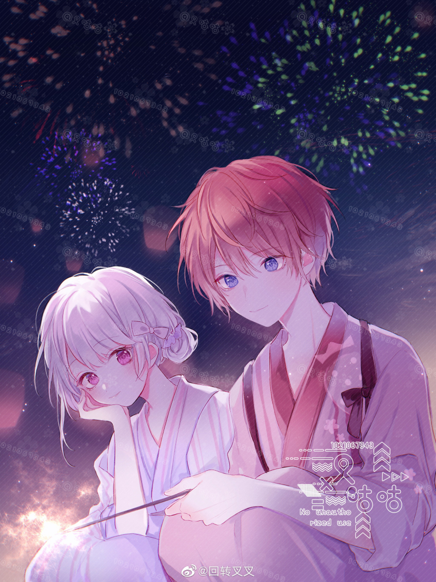 1boy 1girl absurdres black_bow bow ccha chinese_commentary closed_mouth cloud commentary_request commission dot_nose eyelashes feet_out_of_frame fireworks hair_between_eyes hair_bow hair_bun hand_on_own_face happy highres holding holding_fireworks japanese_clothes kimono lantern light_blush long_sleeves looking_at_another looking_at_object night night_sky original outdoors paper_lantern pink_bow pink_eyes pink_kimono red_hair sample_watermark short_hair single_hair_bun sky smile sparkle striped_clothes striped_kimono too_many_watermarks twilight vertical-striped_clothes vertical-striped_kimono watermark weibo_watermark white_hair white_kimono wing_hair_ornament yukata