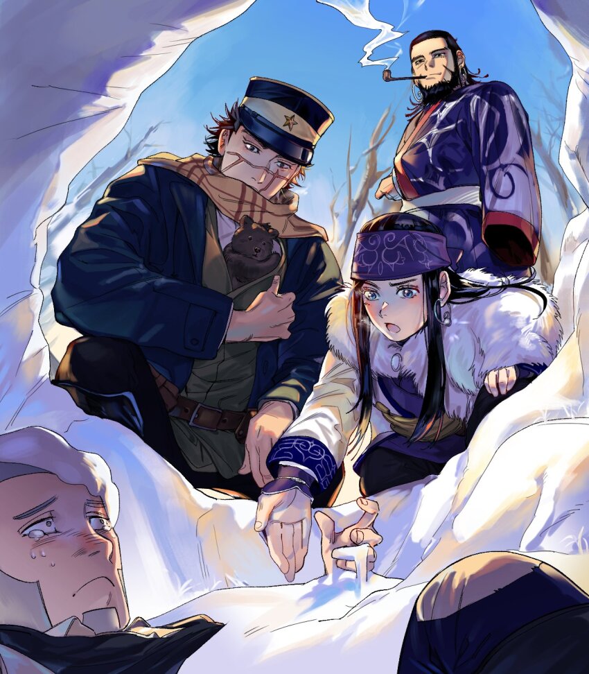 1girl 3boys ainu ainu_clothes animal animal_in_clothes arisaka asirpa bandana bear beard black_hair blue_bandana blue_eyes bolt_action buzz_cut cape cloak commentary day earrings english_commentary facial_hair facial_scar fallen_down fur_cape fur_cloak goatee golden_kamuy gun hat highres hoop_earrings imperial_japanese_army jewelry kepi kiroranke long_sideburns luke_skyfaller mature_male military_hat multiple_boys reaching reaching_towards_another rifle scar scar_on_cheek scar_on_face scar_on_mouth scar_on_nose shiraishi_yoshitake short_hair sideburns smile smoking_pipe snow snow_on_head sugimoto_saichi two-tone_headwear very_short_hair weapon winter