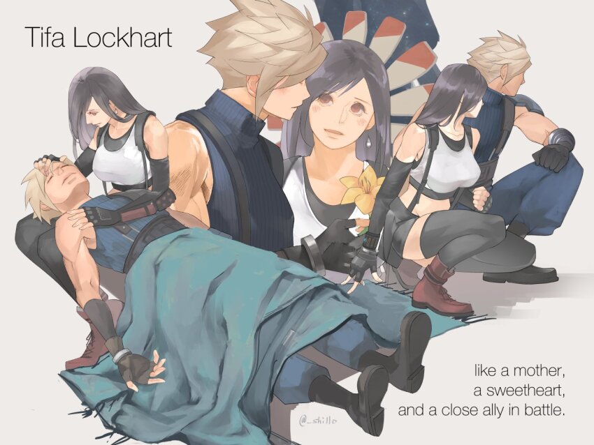 1boy 1girl armor baggy_pants bare_shoulders black_footwear black_hair black_skirt black_sports_bra black_thighhighs blanket blonde_hair blue_pants blue_sweater blush boots breasts character_name cloud_strife commentary_request couple crop_top earrings elbow_gloves final_fantasy final_fantasy_vii final_fantasy_vii_remake fingerless_gloves flower full_body gloves hand_on_another&#039;s_head hand_on_forehead holding holding_flower jewelry lap_pillow large_breasts long_hair looking_at_another looking_to_the_side lying midriff multiple_views night night_sky on_back pants red_eyes red_footwear shillo short_hair shoulder_armor single_arm_guard single_bare_shoulder single_earring sitting skirt sky sleeveless sleeveless_turtleneck spiked_hair sports_bra squatting star_(sky) starry_sky suspender_skirt suspenders sweater swept_bangs tank_top thighhighs tifa_lockhart turtleneck turtleneck_sweater twitter_username unconscious upper_body white_tank_top windmill yellow_flower zettai_ryouiki