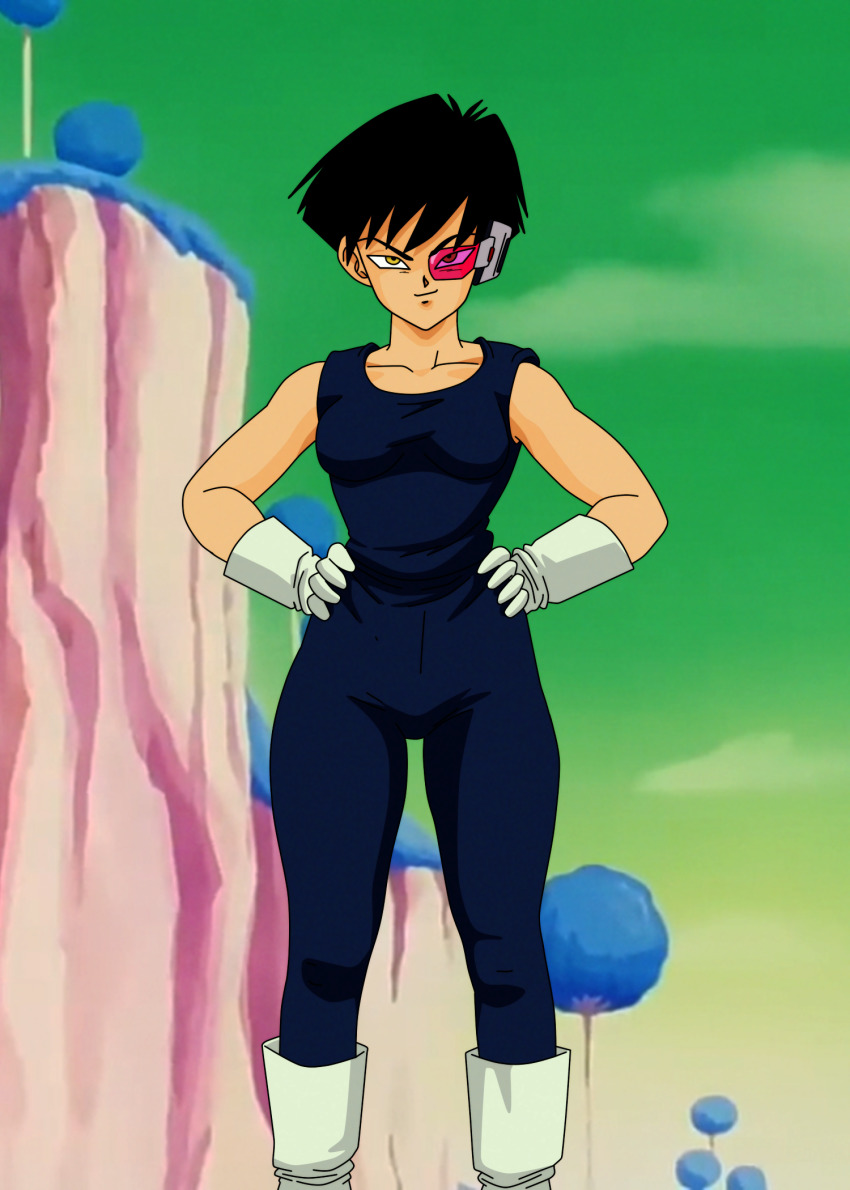 1girl bare_arms bare_shoulders black_hair blue_grass blue_tree boots cloud day dragon_ball dragonball_z facing_viewer feet_out_of_frame female_focus gloves green_sky grin hands_on_own_hips highres looking_at_viewer namek outdoors red-tinted_eyewear saiyan salvamakoto scouter seripa short_hair sky smile solo standing tagme tinted_eyewear tree