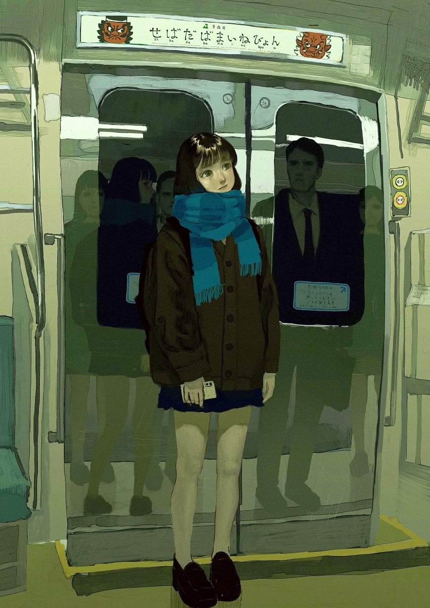 2boys 3girls absurdres black_hair black_necktie blue_scarf brown_eyes cellphone commentary highres holding holding_phone mole mole_under_eye multiple_boys multiple_girls natari necktie original phone reflection salaryman scarf smartphone subway train_interior