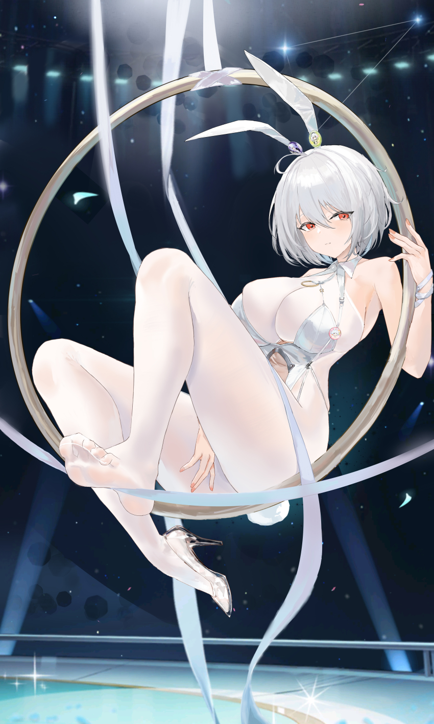 1girl absurdres aerial_hoop animal_ears azur_lane bare_shoulders barefoot breasts carrot character_pin cleavage fake_animal_ears fake_tail feet fur_wrist_cuffs glass_footwear gymnastics hair_between_eyes high_heels highres large_breasts leotard looking_at_viewer official_alternate_costume pantyhose playboy_bunny rabbit_ears rabbit_tail red_eyes red_nails see-through_clothes see-through_footwear short_hair sirius_(azur_lane) sirius_(rabbit_of_paradise)_(azur_lane) sitting soles solo suo_bu_ye_feng tail thighs toes white_hair white_leotard white_pantyhose wrist_cuffs