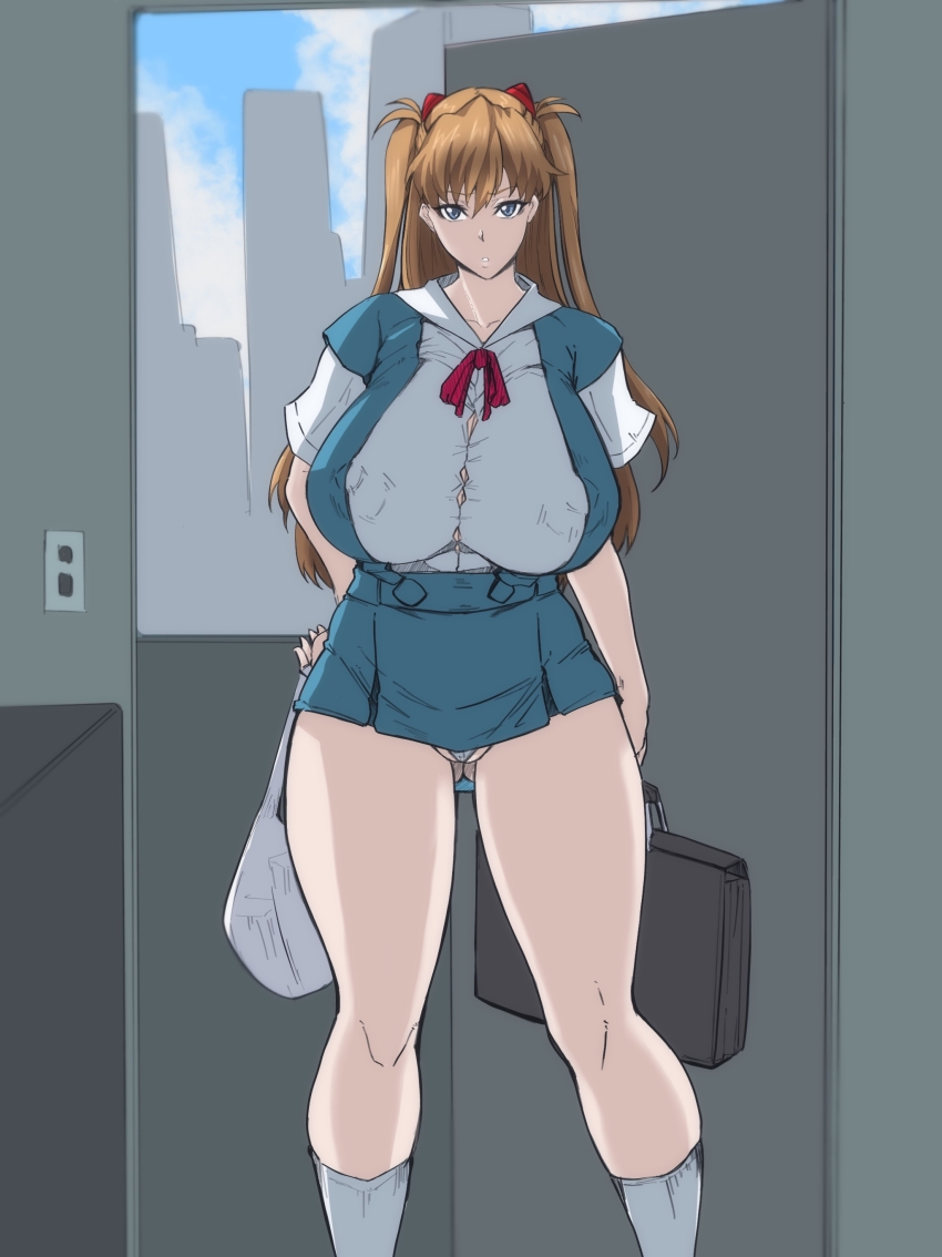 1girl absurdres alternate_breast_size bag bare_legs blue_eyes breasts cameltoe city cleavage covered_erect_nipples dais729sof day hand_on_own_hip highres holding holding_bag huge_breasts long_hair looking_at_viewer micro_panties microskirt miniskirt neon_genesis_evangelion nipples no_bra orange_hair panties partially_visible_vulva road school_uniform skirt sky solo souryuu_asuka_langley standing street tsundere twintails underwear white_panties wide_hips