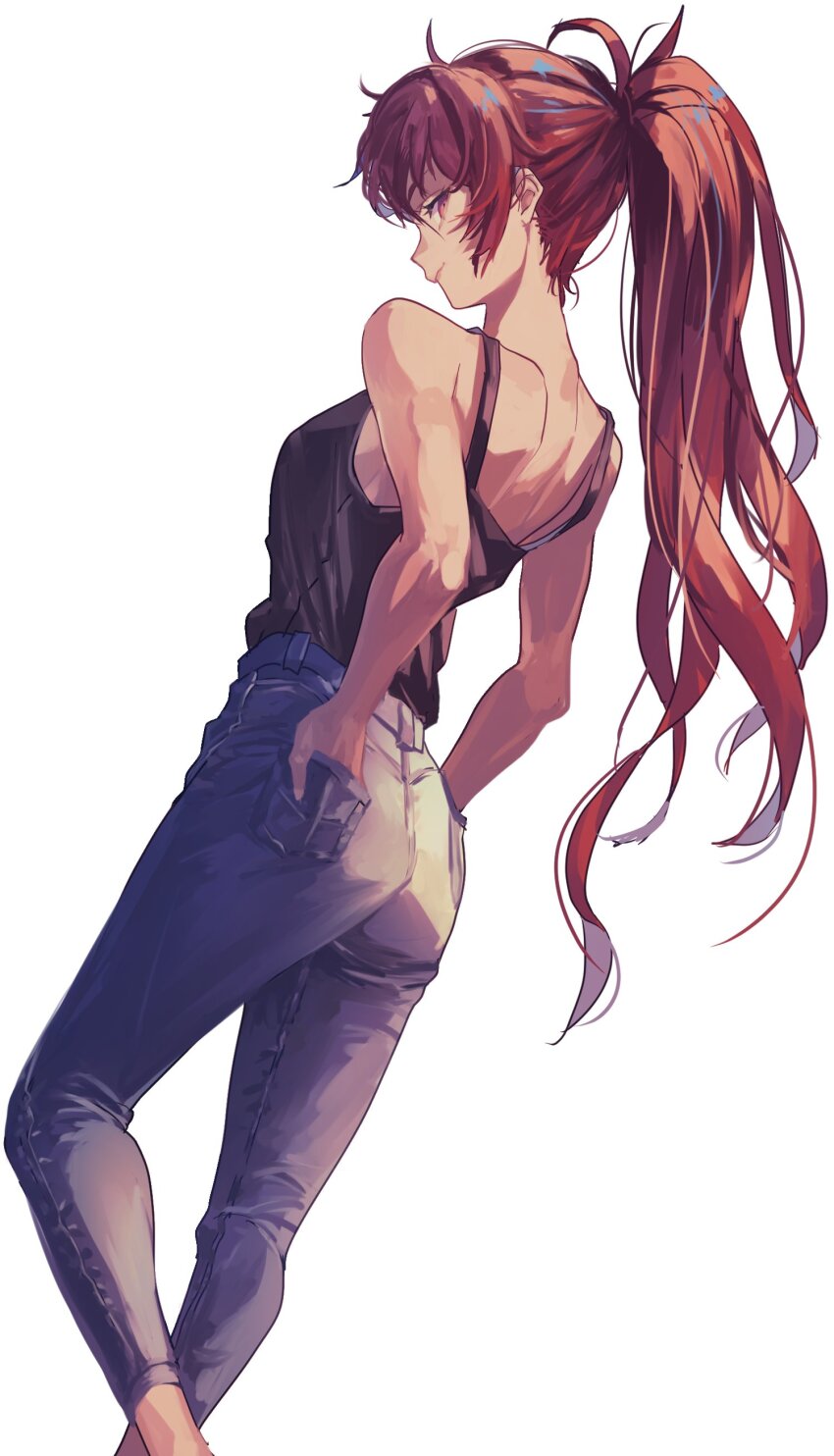 1girl absurdres ass back bare_shoulders black_tank_top breasts casual denim from_behind hands_in_pockets heel_up high_ponytail highres jeans long_hair looking_at_viewer looking_back original pants ponytail profile rasetsu001 red_eyes red_hair shirt sideboob simple_background sleeveless solo tank_top very_long_hair white_background