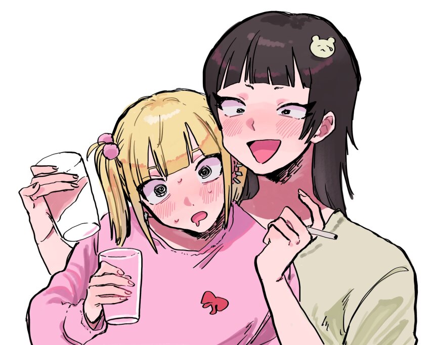 2girls 2yan @_@ arm_around_shoulder bear_hair_ornament behind_another between_fingers black_eyes black_hair blonde_hair blunt_bangs blush chanel_(jimoto_saikou) cigarette commentary_request cup drooling drunk ear_piercing hair_bobbles hair_ornament hand_up hands_up highres holding holding_cigarette holding_cup jimoto_saikou koharu_(jimoto_saikou) long_hair long_sleeves looking_at_another looking_at_viewer mouth_drool multiple_girls open_mouth piercing short_eyebrows short_sleeves short_twintails simple_background smile sweat twintails upper_body white_background wide-eyed