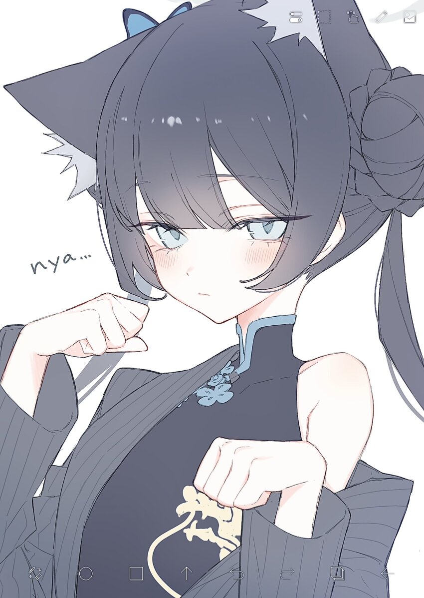 1girl animal_ears bare_shoulders black_dress black_hair blue_archive blunt_bangs braid braided_bun cat_ears china_dress chinese_clothes commentary double_bun dragon_print dress grey_eyes grey_jacket hair_bun hair_ornament highres hk_nnm jacket kisaki_(blue_archive) long_hair looking_at_viewer open_clothes open_jacket paw_pose pinstripe_jacket pinstripe_pattern print_dress simple_background solo striped_clothes striped_jacket twintails upper_body vertical-striped_clothes vertical-striped_jacket white_background