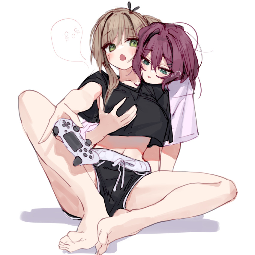 2girls bare_legs barefoot breasts brown_hair controller dolphin_shorts dorsiflexion feet game_controller grabbing_another&#039;s_breast green_eyes groping hair_between_eyes highres holding holding_controller holding_game_controller knee_up knees_apart_feet_together large_breasts legs looking_at_viewer medium_hair multiple_girls munpia navel purple_hair shorts simple_background tai_(e3d1p) thighs toes white_background yuri