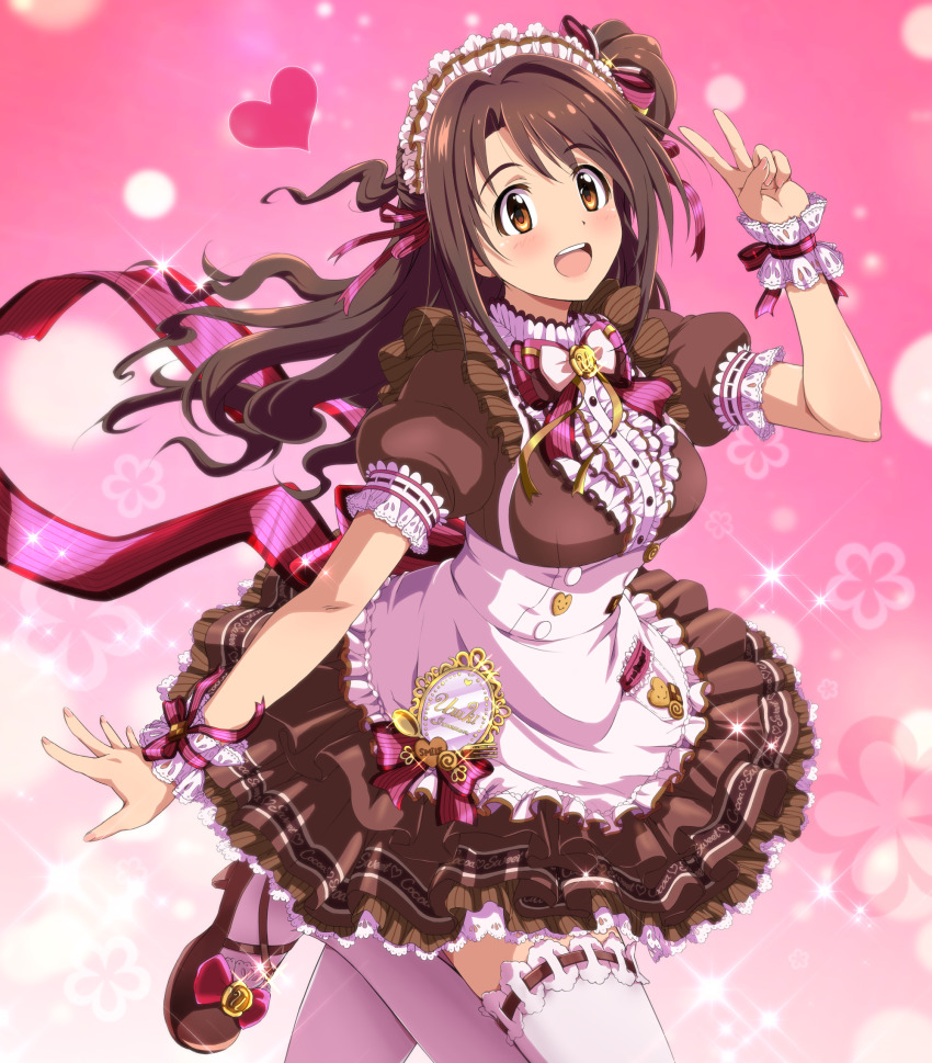 1girl :d alternate_costume apron arm_up blush bow bowtie breasts brown_dress brown_footwear brown_hair center_frills circle_skirt clothes_writing commentary_request dress enmaided fingernails flower fork frilled_dress frills gradient_background hair_ribbon heart highres hina_(araburu-hinadori) idolmaster idolmaster_cinderella_girls large_breasts leg_up long_fingernails long_hair looking_at_viewer maid maid_headdress nail_polish one_side_up open_mouth orange_eyes pink_background pink_bow pink_bowtie pink_nails pink_ribbon puffy_short_sleeves puffy_sleeves ribbon ribbon-trimmed_legwear ribbon-trimmed_sleeves ribbon_trim shimamura_uzuki short_sleeves smile solo sparkle spoon standing standing_on_one_leg tail teeth thighhighs upper_teeth_only v very_long_hair waist_apron wavy_hair white_apron white_thighhighs wrist_cuffs