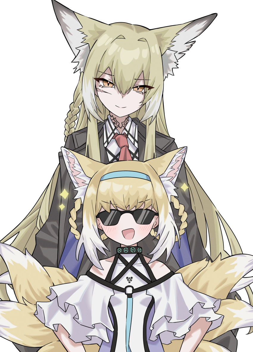 2girls :d absurdres aby_(user_fvmf5222) animal_ear_fluff animal_ears arknights bare_shoulders black_jacket blonde_hair blue_hairband blush braid brown_eyes closed_mouth collared_shirt commentary facial_scar grey_hair hair_between_eyes hair_rings hairband highres infection_monitor_(arknights) jacket long_hair looking_at_viewer mother_and_daughter multicolored_hair multiple_girls no_nose o-ring open_mouth scar scar_on_cheek scar_on_face shirt simple_background smile smug sparkle split_mouth streaked_hair sunglasses suzuran_(arknights) tail vulpisfoglia_(arknights) white_background white_hair white_shirt white_tail yellow_tail