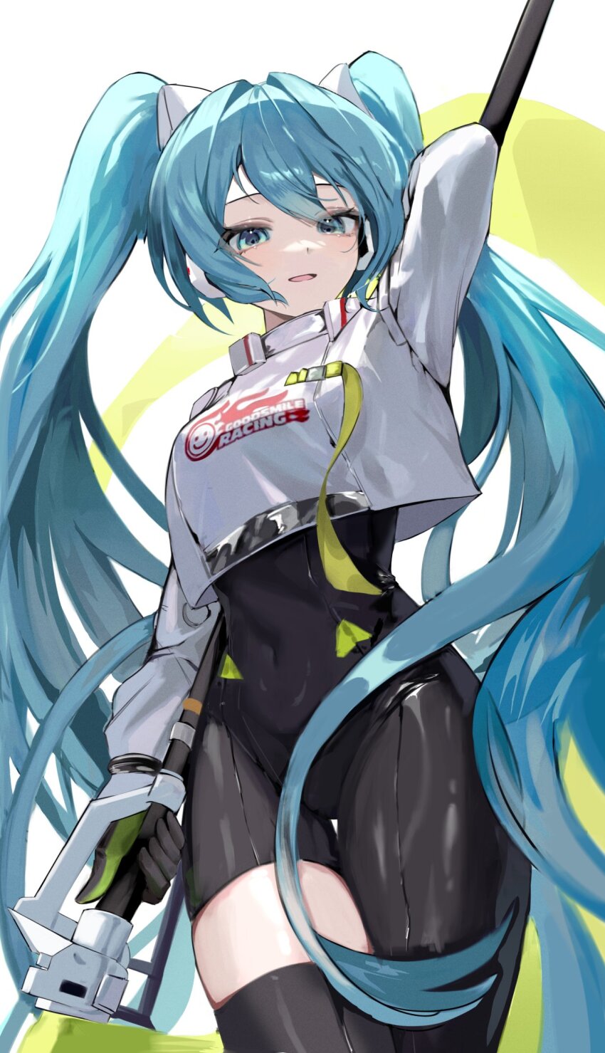 1girl arm_behind_head arm_up asymmetrical_bodysuit black_gloves bodysuit boots breasts commentary covered_navel cowboy_shot flag gloves goodsmile_racing green_eyes green_flag green_hair hashtag-only_commentary hatsune_miku highres holding holding_flag large_breasts logo looking_at_viewer racing_miku racing_miku_(2022) s_im7u single_thigh_boot smiley_face solo thigh_boots thighs twintails vocaloid