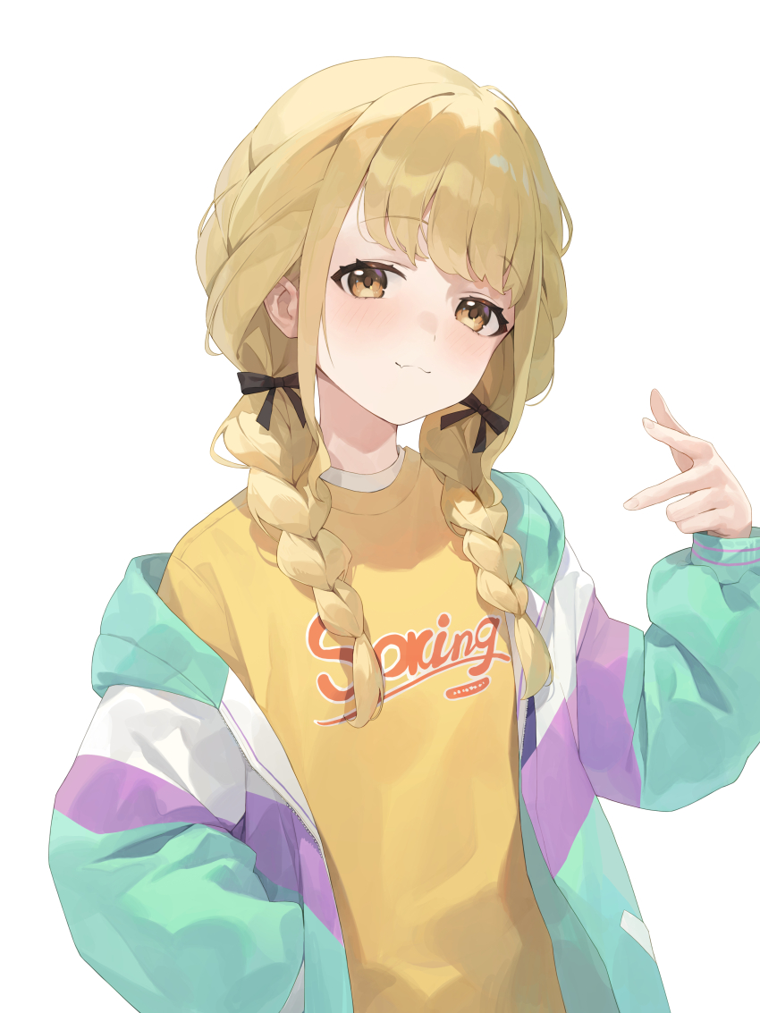 1girl absurdres aqua_jacket black_bow blonde_hair blush bow braid closed_mouth commentary_request fujita_kotone gakuen_idolmaster hair_bow highres hood hooded_jacket huomianbao39445 idolmaster jacket long_hair long_sleeves looking_at_viewer open_clothes open_jacket print_shirt shirt smile solo striped_clothes striped_jacket twin_braids upper_body yellow_eyes yellow_shirt