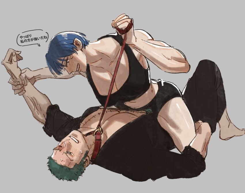 1boy 1girl aged_up bare_shoulders blue_hair blush short_shorts breasts cleavage collar femdom green_hair highres kuina large_breasts leash mcbuckwheat muscular muscular_female muscular_male muscular one_eye_closed one_piece pectorals red_collar roronoa_zoro scar scar_across_eye scar_on_chest scar_on_face short_hair sports_bra straddling