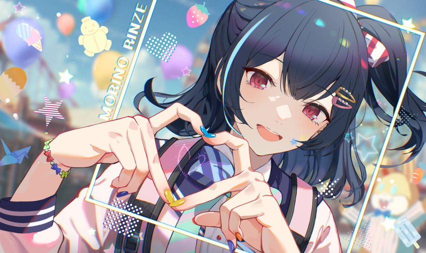 1girl 4-finger_heart_hands amusement_park black_hair blurry blurry_background blush bow character_name facepaint hair_bow heart heart_hands idolmaster idolmaster_shiny_colors looking_at_viewer morino_rinze multicolored_nails niac one_side_up red_eyes school_uniform smile solo star_(symbol) upper_body