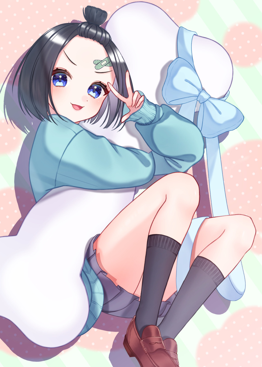 1girl :d absurdres aqua_sweater bandaid bandaid_on_face black_hair black_skirt black_socks blue_eyes blush bone brown_footwear clip_studio_paint_(medium) commentary_request hair_slicked_back highres holding holding_bone open_mouth original pleated_skirt reimei_rei skirt smile socks solo sweater tongue