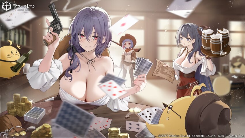 3girls azur_lane bare_shoulders barmaid bell_(azur_lane) bell_(saloon_mishaps)_(azur_lane) breasts card cleavage closed_mouth coin colored_inner_hair cowboy_hat crossed_bangs detached_sleeves dress frilled_sleeves frills gold_coin gun handgun hat highres holding holding_gun holding_tray holding_weapon huge_breasts logo long_hair looking_at_viewer manjuu_(azur_lane) medium_hair multicolored_hair multiple_girls official_alternate_costume official_art pink_hair pittsburgh_(azur_lane) pittsburgh_(the_bartender&#039;s_gambit)_(azur_lane) playing_card purple_hair red_eyes revolver rifle saloon table tavern tray trigger_discipline u-556_(azur_lane) u-556_(prairie_knight)_(azur_lane) very_long_hair wanted_poster weapon white_dress white_sleeves