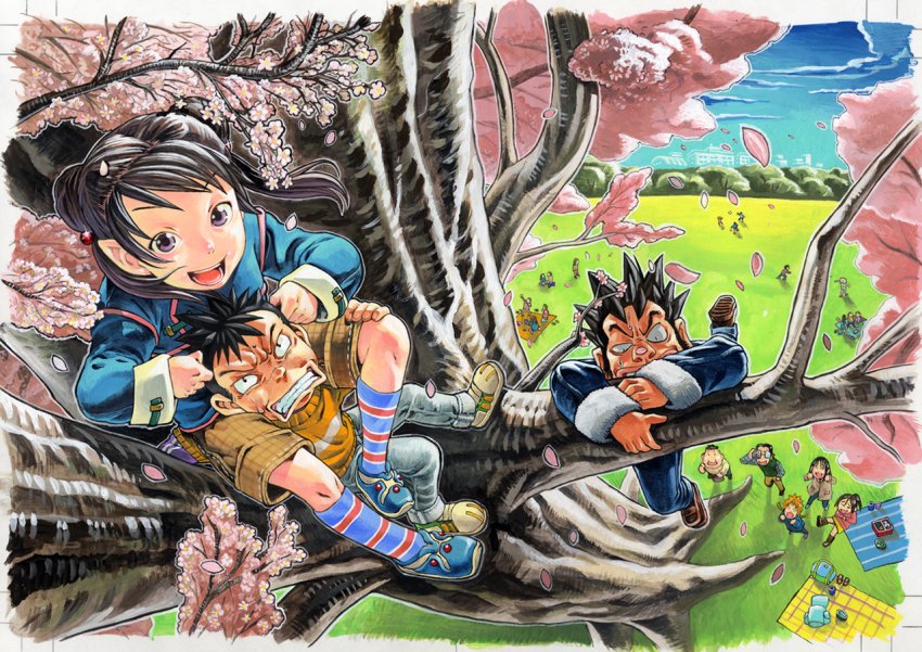 6+boys 6+girls angry backpack bag black_hair blanket blonde_hair camera carrying cherry_blossoms child chinese_clothes climbing_a_tree denim food foreshortening glasses honzawa_yuuichirou jeans kneehighs laughing long_hair long_sleeves multiple_boys multiple_girls original outdoors pants picnic pointy_ears ponytail purple_eyes scar shoes short_hair short_twintails shoulder_carry sitting sitting_on_shoulder sitting_on_shoulders smile sneakers socks spiked_hair sweater tree twintails aged_down