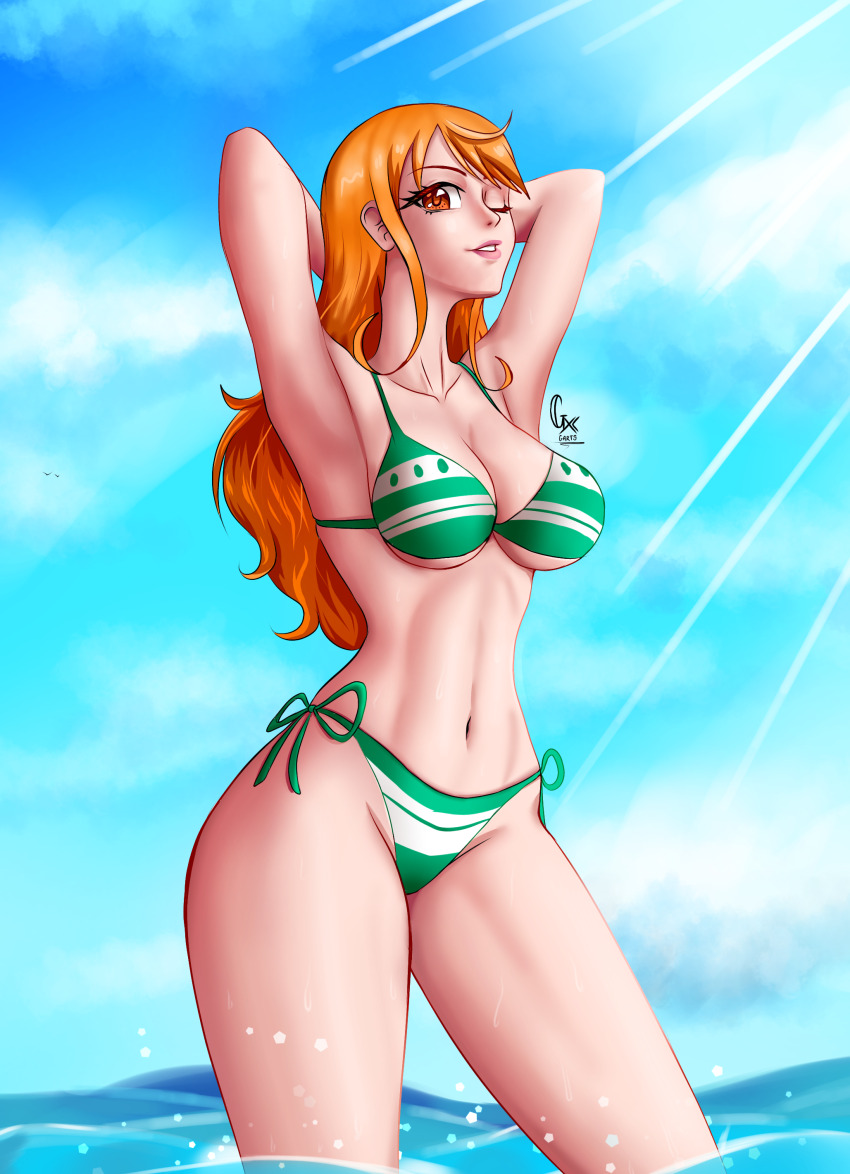 1girl absurdres artist_name bad_tag bathingsuit breasts closed_mouth highres large_breasts long_hair nami_(one_piece) non-web_source one-piece_swimsuit orange_hair sexy_beach simple_background smile solo swimsuit