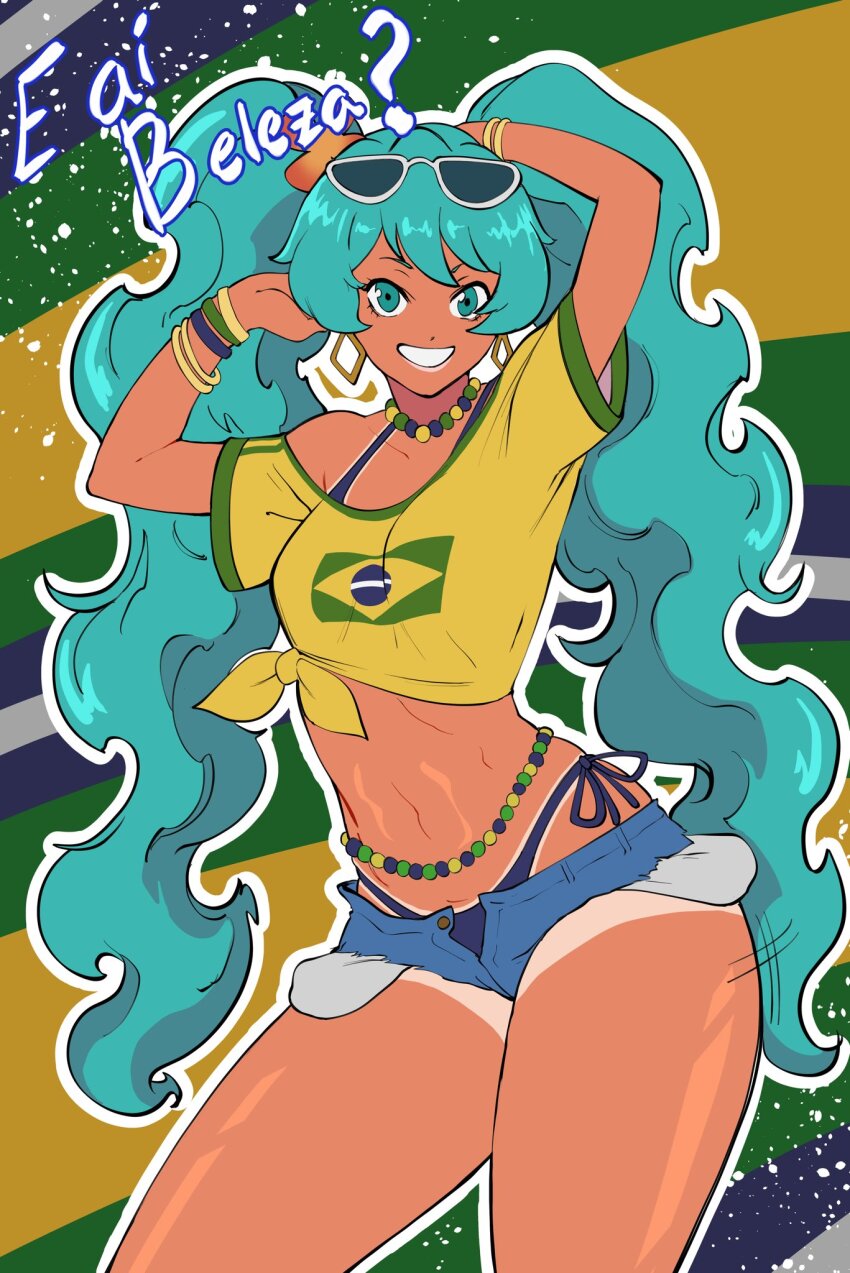 1girl alternate_skin_color bead_choker beads belly_chain bikini bikini_under_clothes borrowed_design bracelet brazil brazilian_flag brazilian_flag_print brazilian_miku cropped_shirt curvy exposed_pocket eyewear_on_head flag_print hatsune_miku highres jewelry long_hair multiple_bracelets octavius_(octavius_dp) shorts_tan swimsuit tan tanline thong very_long_hair vocaloid