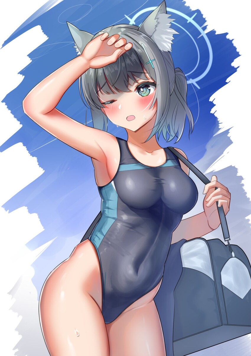 1girl animal_ear_fluff animal_ears arutone bag black_one-piece_swimsuit blue_archive blue_eyes breasts competition_swimsuit covered_navel cross_hair_ornament extra_ears grey_hair hair_ornament halo highres low_ponytail medium_breasts medium_hair mismatched_pupils multicolored_clothes multicolored_swimsuit official_alternate_costume one-piece_swimsuit one_eye_closed shading_eyes shiroko_(blue_archive) shiroko_(swimsuit)_(blue_archive) solo swimsuit wolf_ears