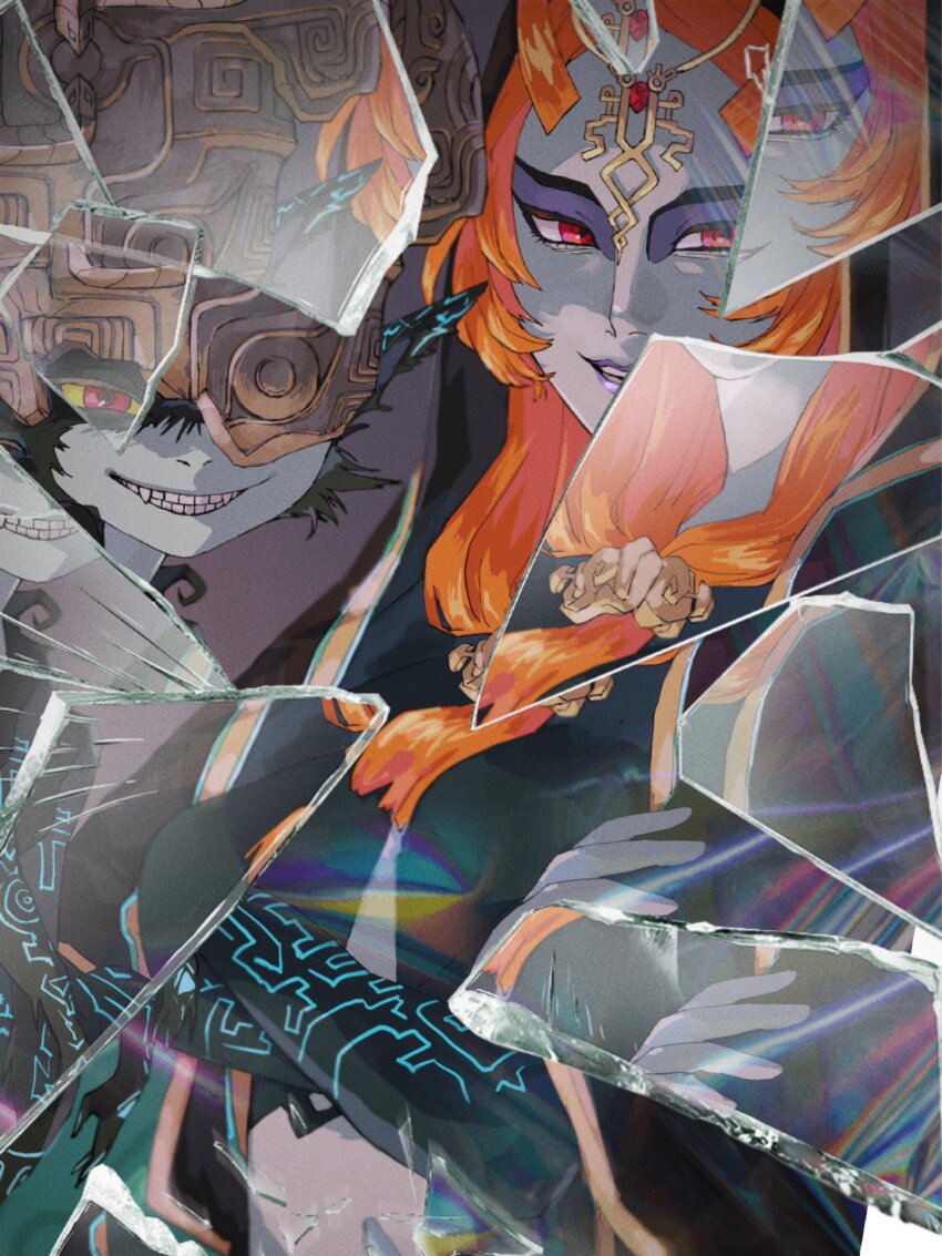 1girl broken_glass circlet colored_sclera crossed_arms dual_persona eyeshadow glass grin helmet long_hair looking_at_viewer looking_to_the_side makeup mask midna midna_(true) mirror nintendo orange_hair pointy_ears purple_lips red_eyes shrub_mtg smile solo the_legend_of_zelda the_legend_of_zelda:_twilight_princess upper_body yellow_sclera