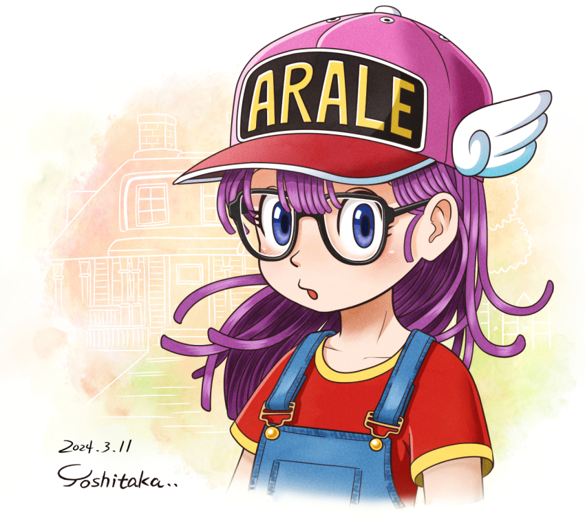 1girl baseball_cap blue_eyes blue_overalls child commentary_request dated dr._slump enomoto_yoshitaka glasses hat norimaki_arale overalls pink_hat portrait purple_hair red_shirt shirt signature solo t-shirt winged_hat