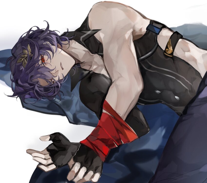 1boy bdsm bed_sheet black_gloves blue_hair bondage bound bound_wrists clothing_cutout collared_shirt dr._ratio_(honkai:_star_rail) fingerless_gloves gloved_sleeves gloves hair_between_eyes highres honkai:_star_rail honkai_(series) looking_at_viewer lying male_focus muscular muscular_male on_side open_collar oryunbunkosu pants red_eyes ribbon ribbon_bondage shirt short_hair side_cutout simple_background single_bare_arm single_sleeve solo white_background