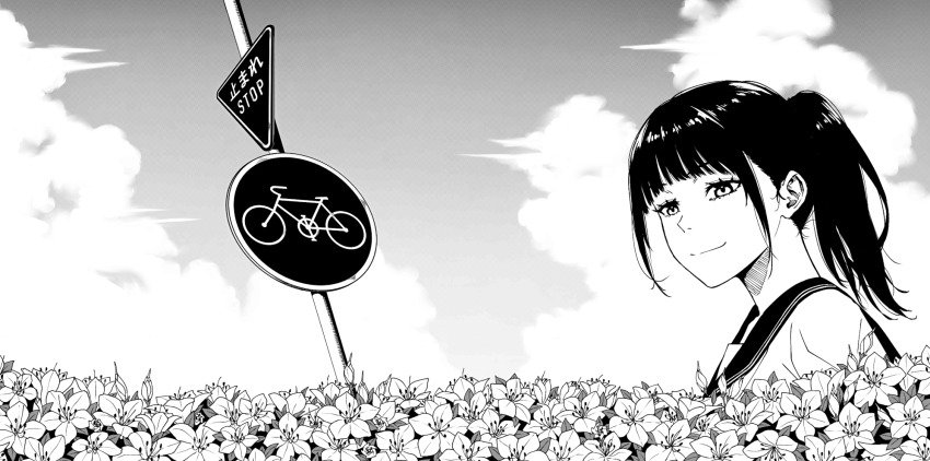 1girl cloud commentary field flower flower_field gitokuja greyscale highres looking_at_viewer monochrome original ponytail road_sign school_uniform serafuku sidelocks sign sky smile solo