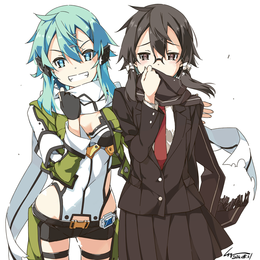 2girls asada_shino black_hair blue_eyes blue_hair blush breasts brown_eyes commentary_request dual_persona fingerless_gloves glasses gloves hair_between_eyes hair_ornament hairclip hand_on_another&#039;s_shoulder highres looking_at_viewer multiple_girls necktie scarf school_uniform shikei shirt short_hair short_shorts shorts sidelocks simple_background sinon skirt sword_art_online textless_version