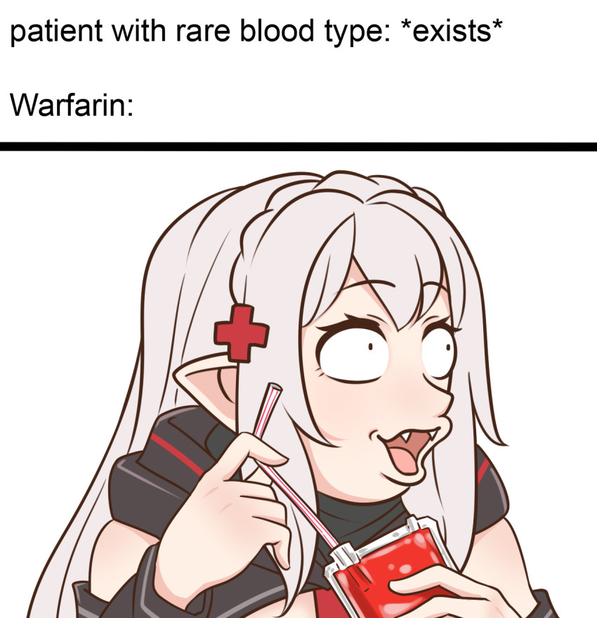 1girl arknights bendy_straw blood blood_bag braid cross cross_hair_ornament crown_braid drinking_straw fangs grey_hair guin_guin hair_ornament highres holding_straw looking_to_the_side meme pogchamp_(meme) pointy_ears red_cross solo vampire warfarin_(arknights)