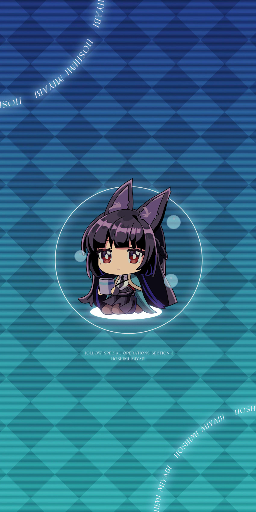 1girl absurdres animal_ear_fluff animal_ears artist_request black_hair black_necktie black_skirt blunt_bangs brown_eyes cup fox_ears fox_girl green_jacket highres holding holding_cup hoshimi_miyabi jacket long_hair necktie official_art pantyhose seiza sitting skirt solo zenless_zone_zero