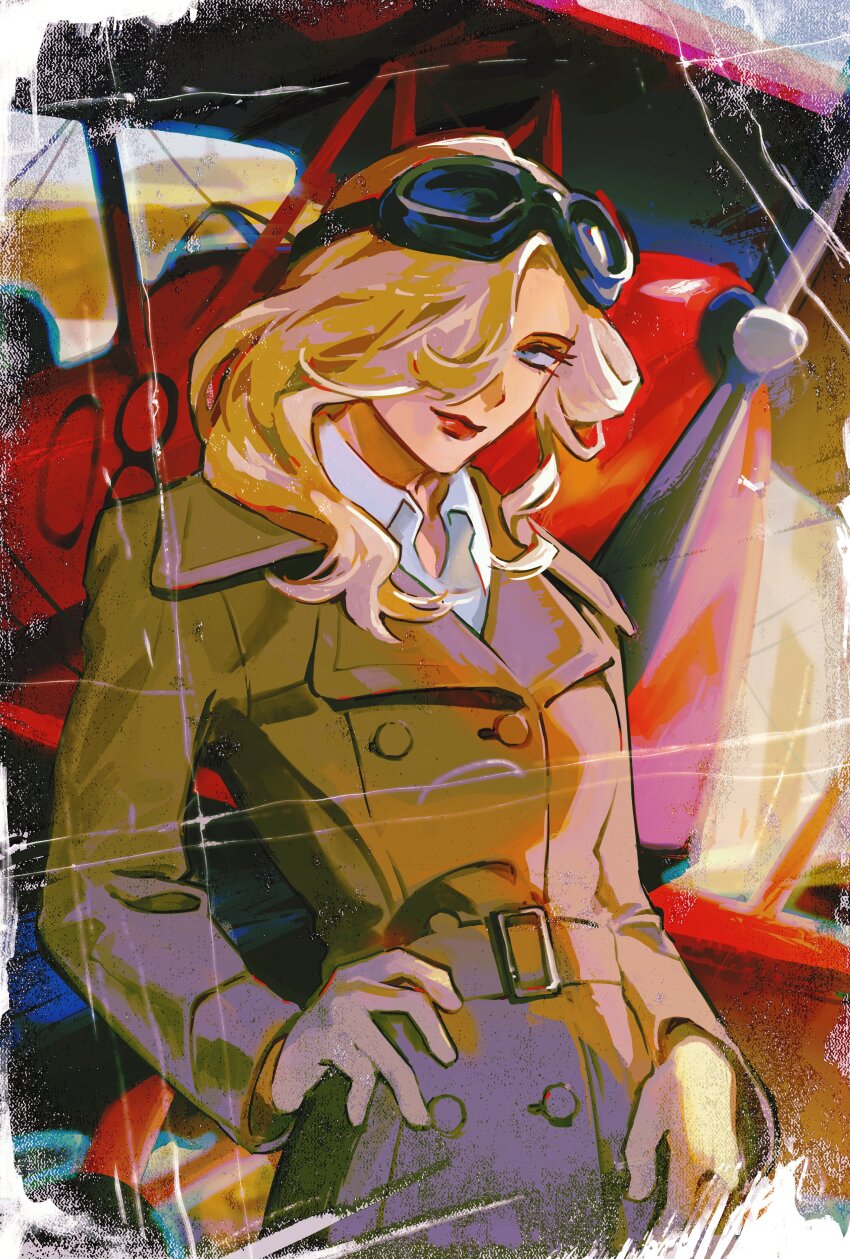 1girl absurdres aircraft airplane alternate_costume aviator_sunglasses belt biplane blonde_hair brown_belt brown_jacket collared_shirt de_havilland_tiger_moth fenkko genshin_impact goggles hair_over_one_eye hand_on_own_hip highres jacket looking_at_viewer propeller red_lips shirt signora_(genshin_impact) smile solo sunglasses upper_body white_shirt